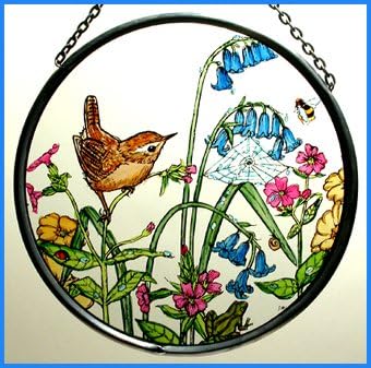 Decorative Hand Printed Stained Glass Window Sun Catcher/Roundel in a Wren in Bluebells Design.