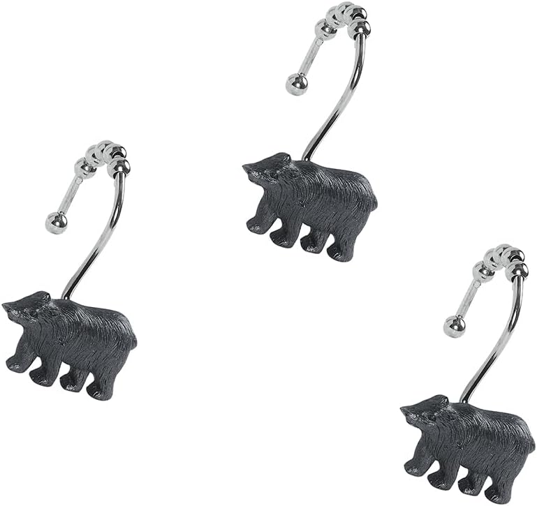 Black Bear Decorative Shower Hooks,5 Roller Ring Balls Designed Hooks for Bathroom Curtains,Set of 12