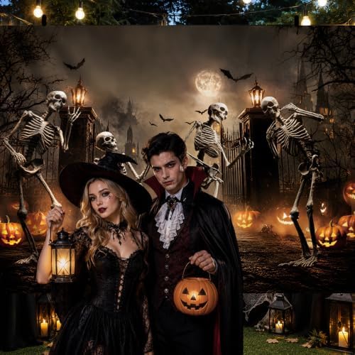 10x8FT Halloween Decoration Backdrop-Dancing Skeletons and Glowing Pumpkins