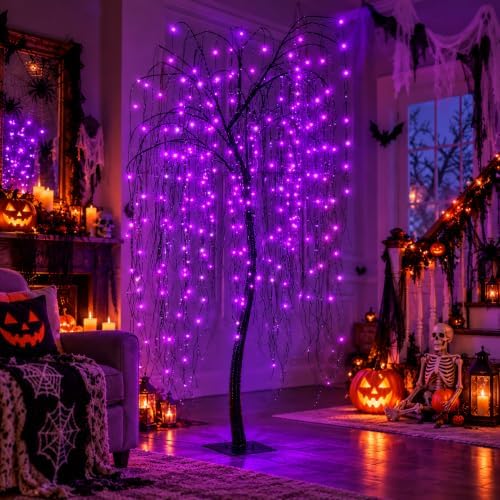 LIGHTSHARE 7 Feet Halloween Willow Tree with Spiders, 256 LED Lights for Home...