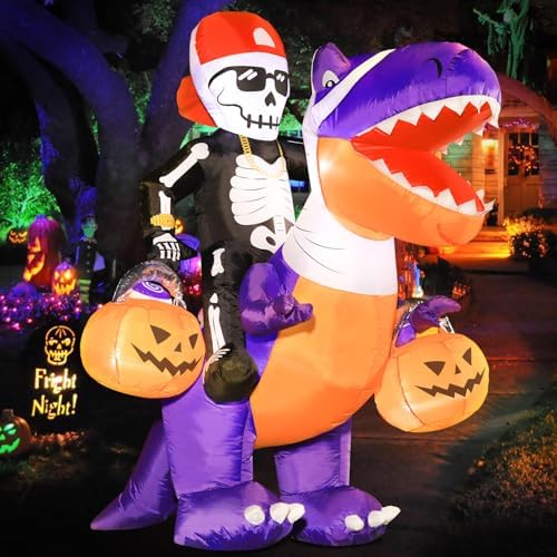 Domkom 6FT Halloween Inflatable Skeleton Riding Dinosaur Outdoor Yard Decor