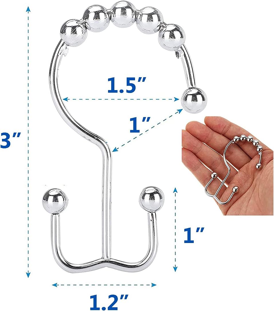 Shower Curtain Hooks Rings, Stainless Stee Double Glide Rollers Extra Wide Shower Curtain Rods Hooks for Bathroom, Set of 18 Hooks - Chrome