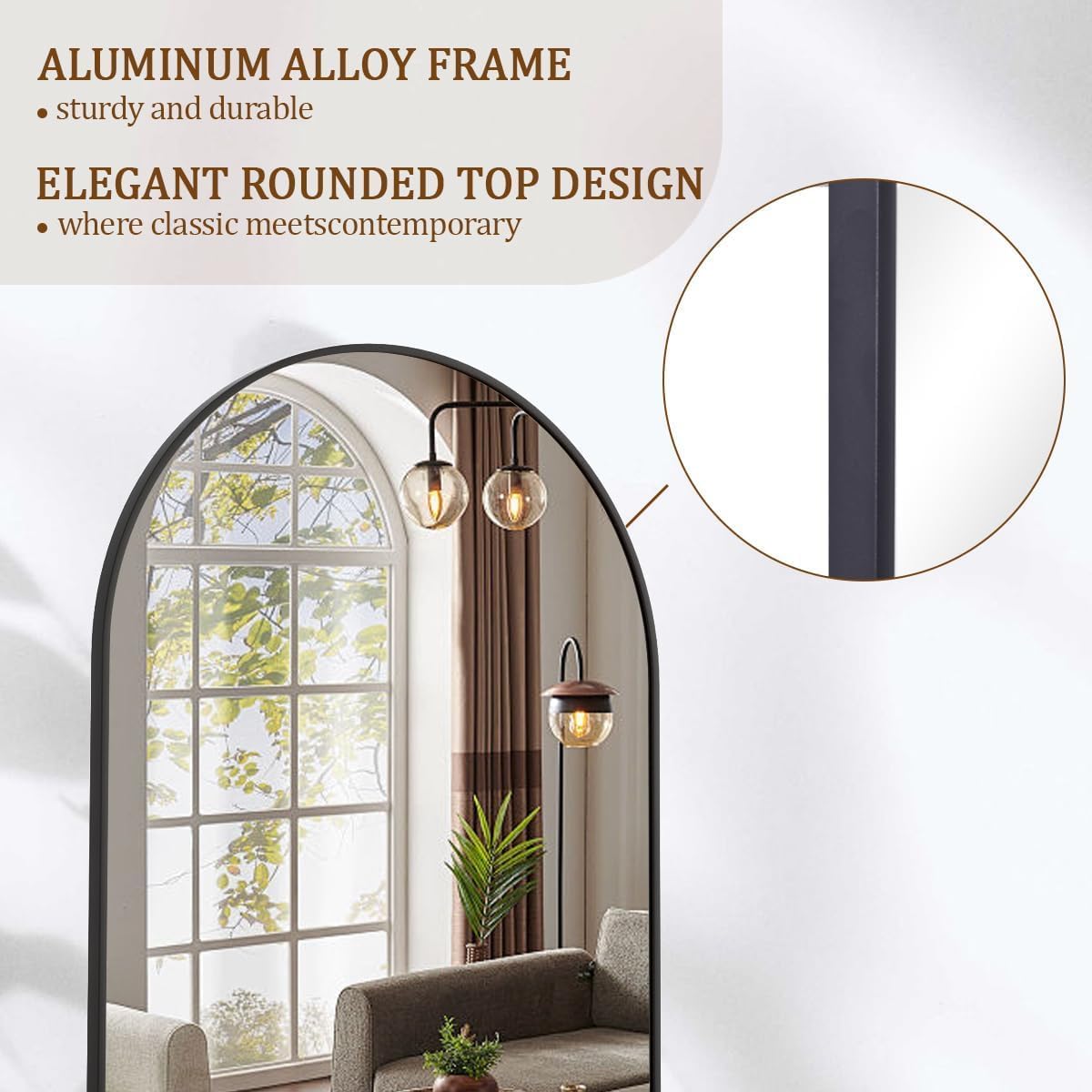 Koonmi 71x28 Arched Full Length Mirror, Floor Mirror with Stand | Shatterproof Tempered Glass, Modern Aluminum Alloy Frame, Free Standing Hanging or Leaning for Home Decor (Black)