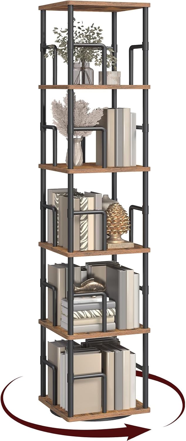 MAHANCRIS 5-Tier Rotating Bookshelf, Freestanding Corner Bookshelf, 360ยฐ Spin...