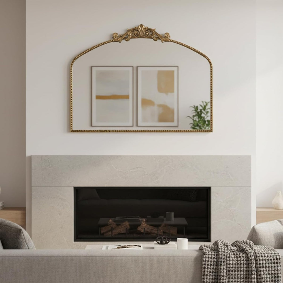 Vintage Gold Baroque Wall Mirror 40"x30", Arched Beaded Frame | Vintage Wide Horizontal Design, Tempered Glass, Ideal for Living Rooms, Entryways, Bathrooms and Above Fireplaces