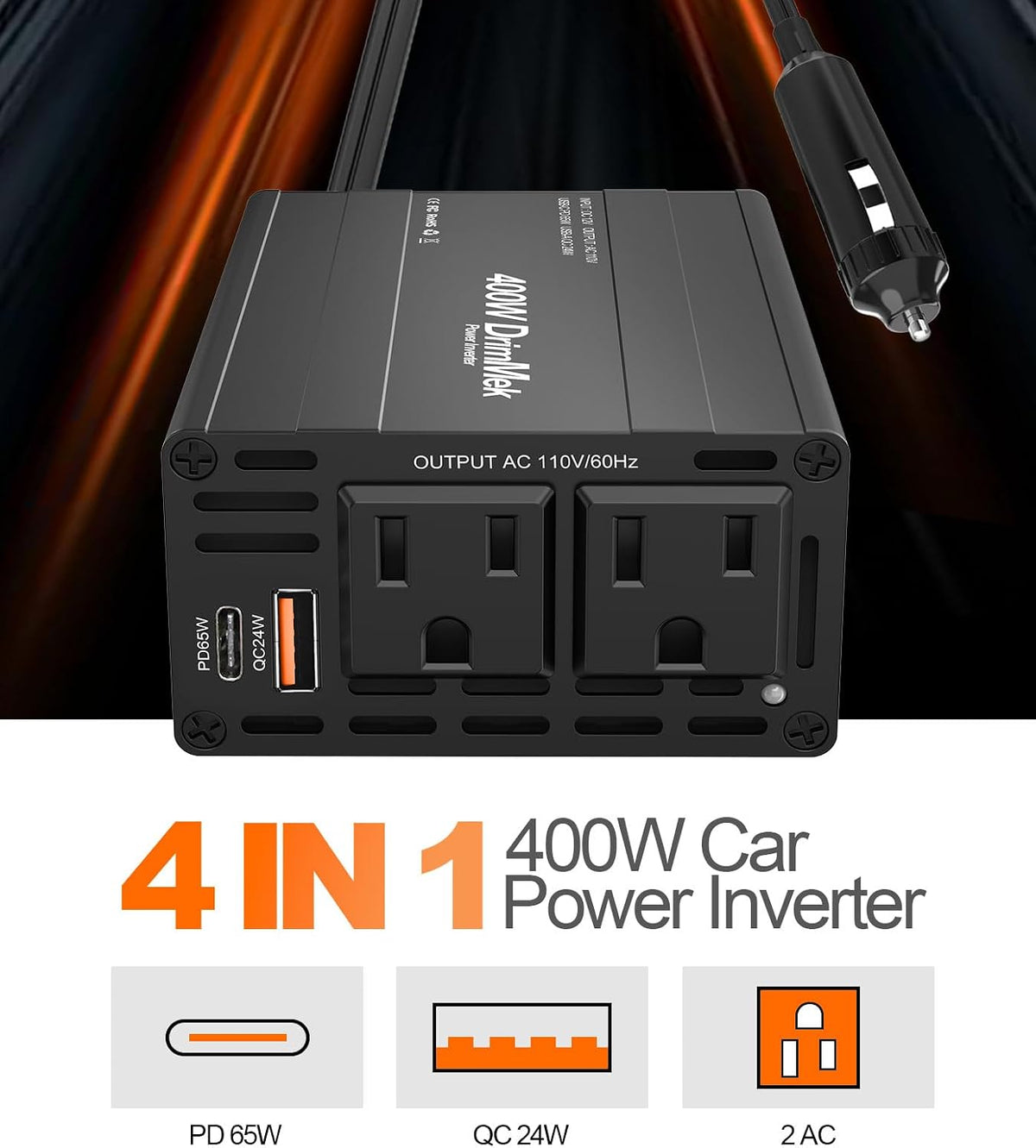 400W Car Power Inverter 12V to 110V AC๏ฝ24W+65W USB C, Laptop Charger