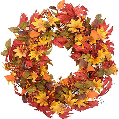 Idyllic 20 Inch Fall Wreath for Front Door - Maple Leaves Autumn Wreath for Thanksgiving, Halloween, Wall, Front Porch Home Decoration