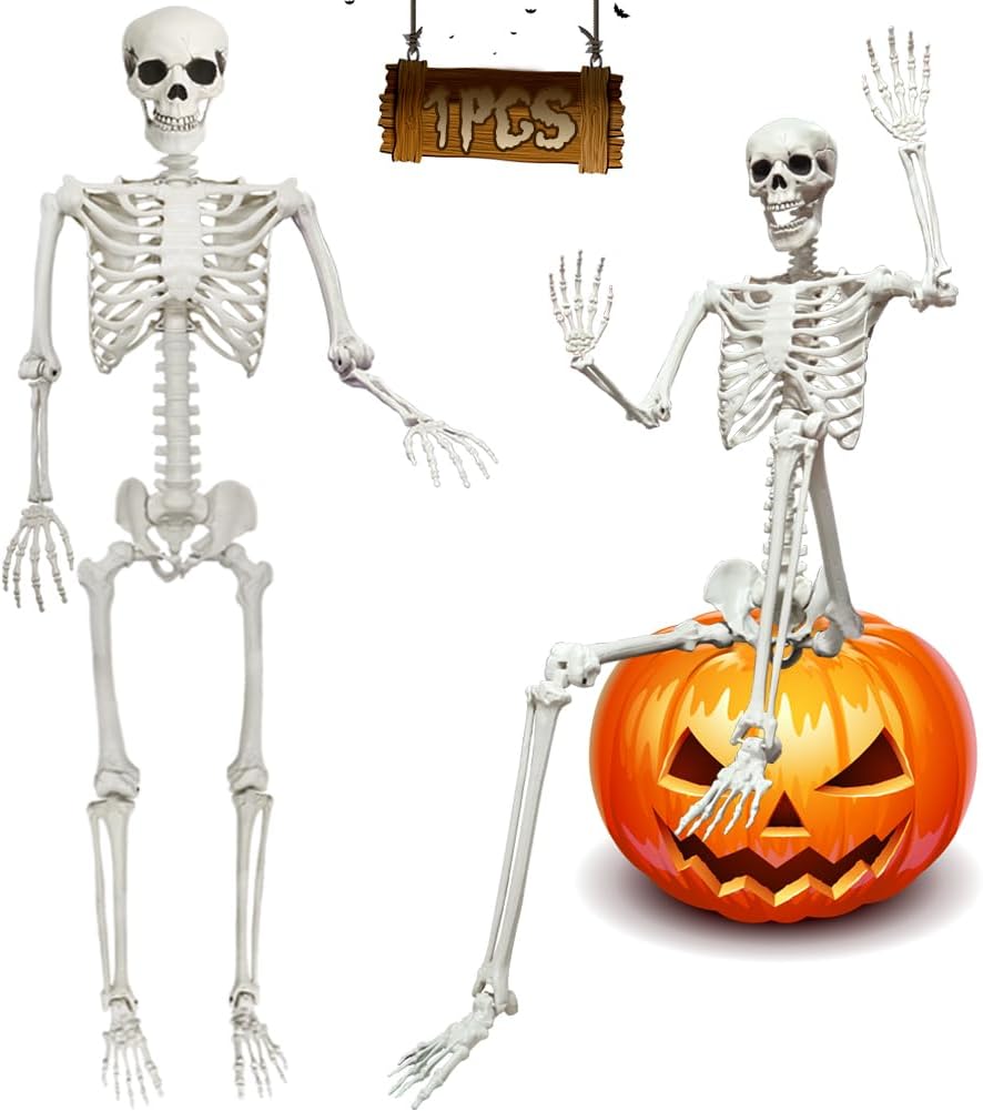 5.9FT Poseable Life Size Skeleton, Plastic Full Size Spooky Scary Skeleton wi...