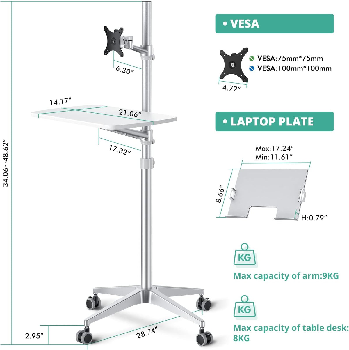 viozon Mobile Desk,Mobile Workstation,Mulitiuse Rolling Laptop Floor Stand,34...