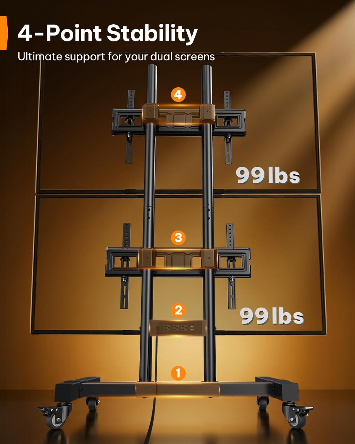 Perlegear Rolling TV Stand for 32โ70 Inch Dual Screens, Holds up to 99 lbs Ea...