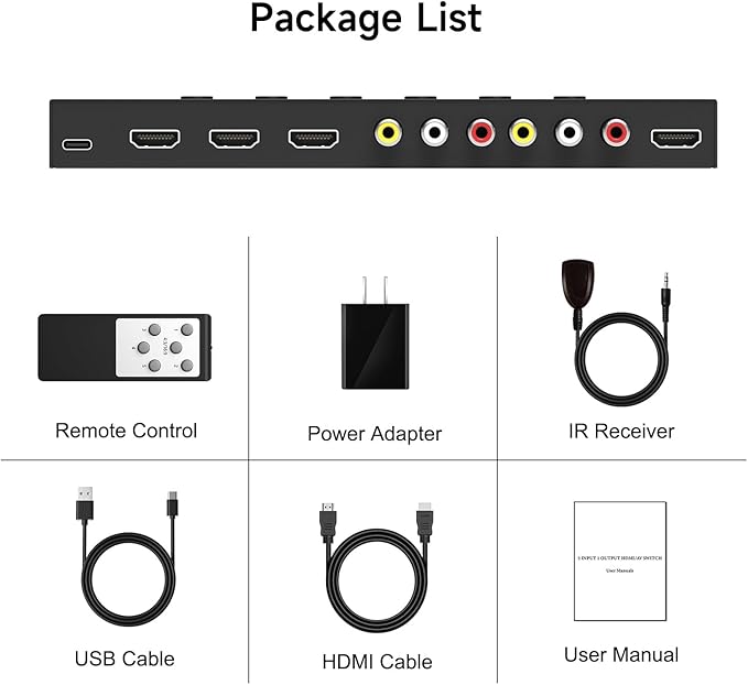 5 in to 1 Out RCA/HDMI Switcher,3 Way HDMI 2.0 + 2 RCA to HDMI Converter - Image 7