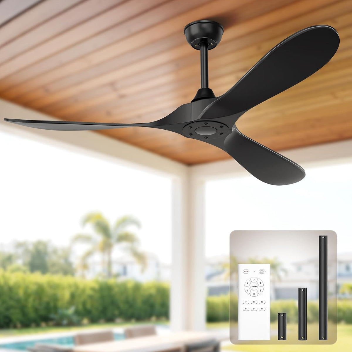 Obabala Black Outdoor Ceiling Fan, 52 in Ceiling Fans No Light with Remote Co...