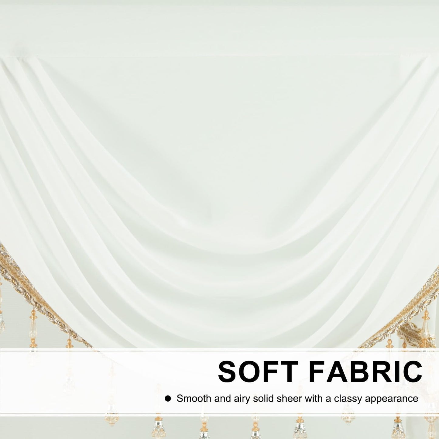 White Sheer Voile Waterfall Valance, Vintage Swag with Beaded Tassels, Extra Wide 138-Inch Window Curtain for French Doors, Bay Windows & Wedding Decor, 43" Drop