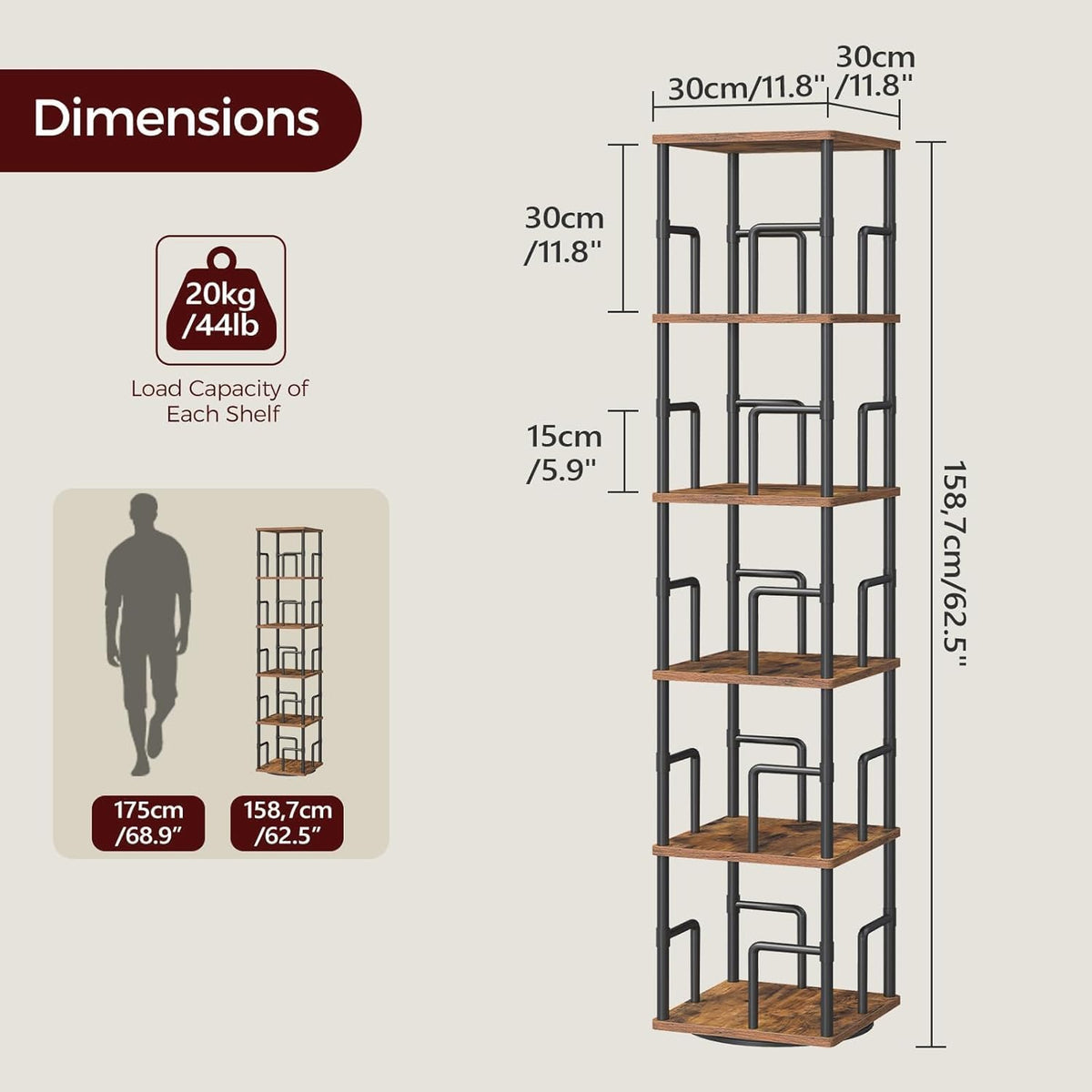 MAHANCRIS 5-Tier Rotating Bookshelf, Freestanding Corner Bookshelf, 360ยฐ Spin...