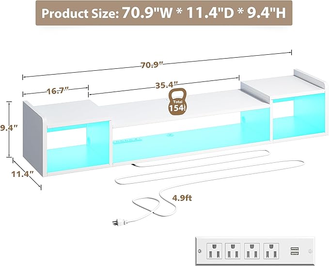 70.9"W Floating TV Stand with LED Lights & Power Outlets - Image 9