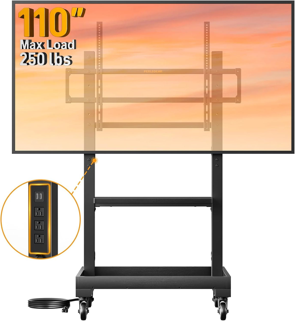 Perlegear Rolling TV Stand with Power Outlet for 32โ110 inch TVs, 250 lbs