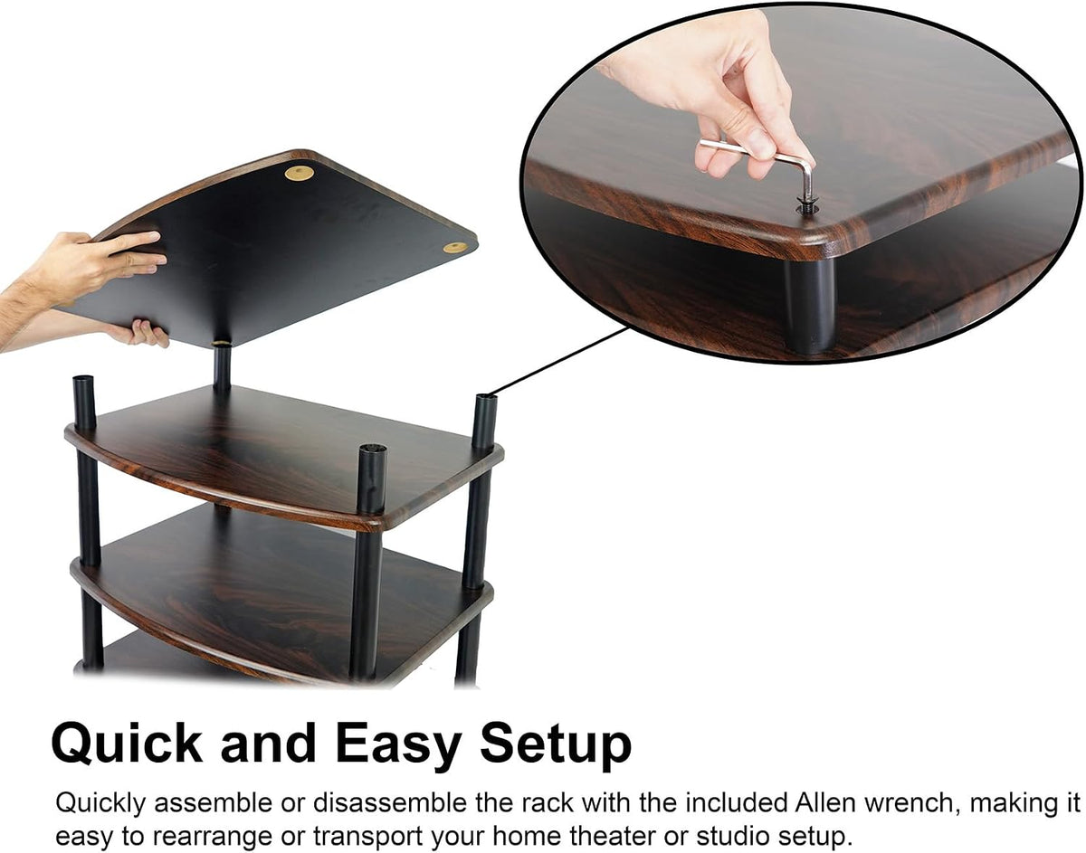 Rockville FLX Dark Wood Adjustable Height 4 Shelf Home Theater Audio Rack