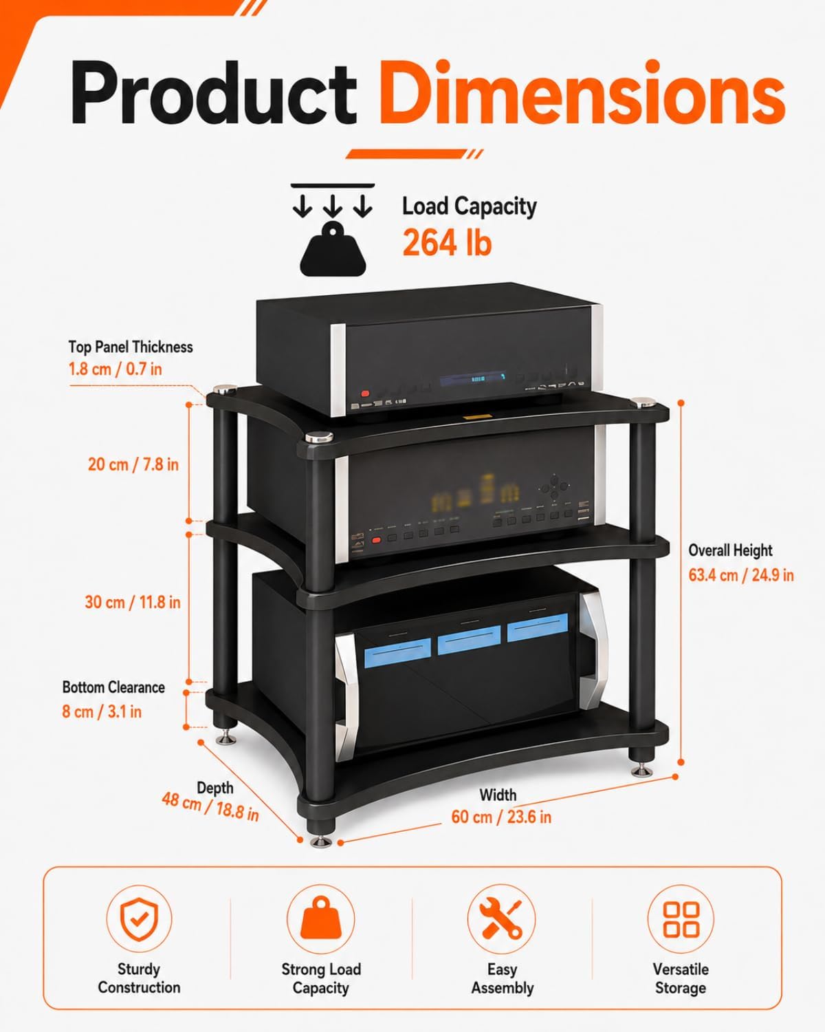 Heavy Duty 3-Tier AV Media Stand, 264 lb Load Capacity, Black