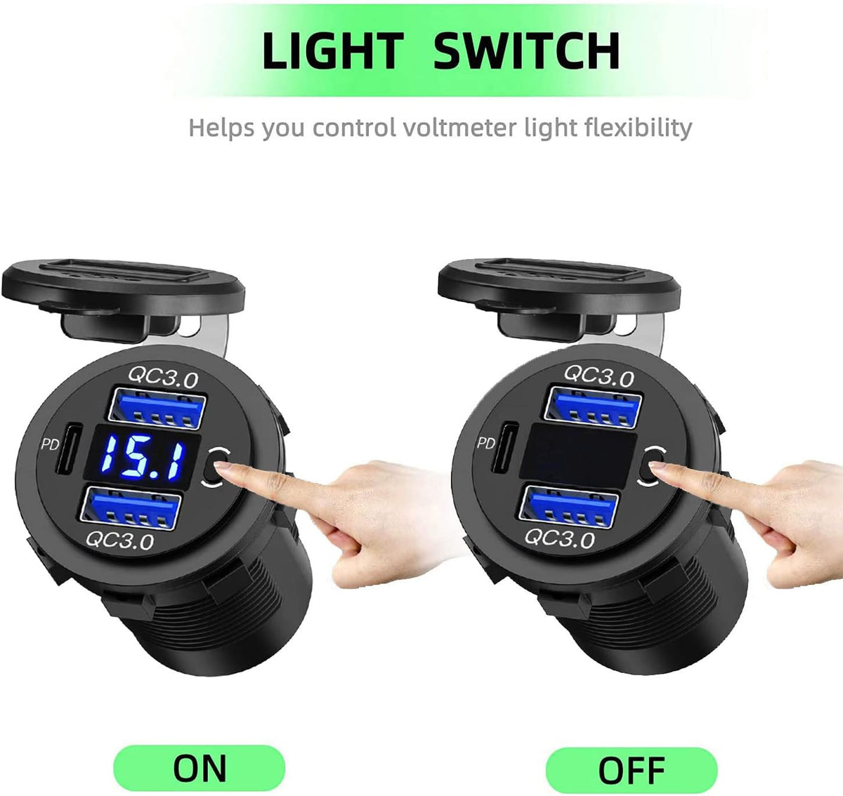 5 Pack 12V USB Outlet, QC3.0 & PD Dual Car Charger with Voltmeter & S...