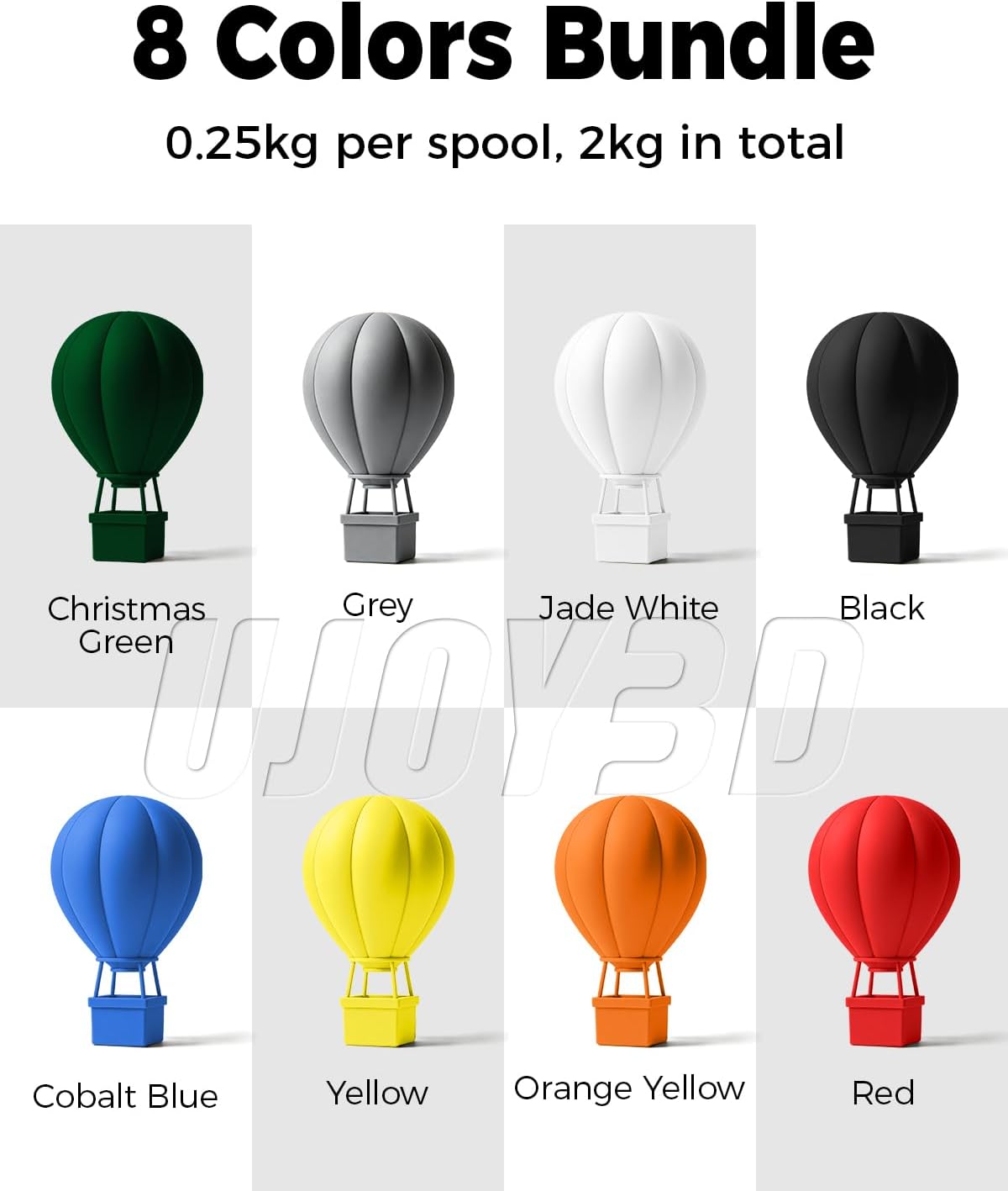 UJOY3D 8 Color PETG 3D Printer Filament Bundle, Multicolor Pack, 0.25kg*8