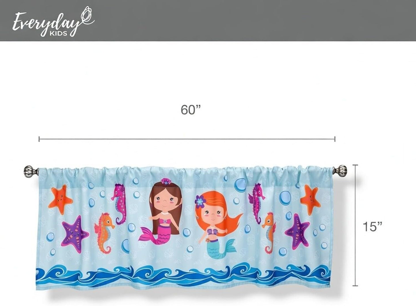EVERYDAY KIDS Mermaid 60x15” Coastal Print Window Valance for Toddler, Baby and Young Girls Bedrooms Window Décor Treatment in Turquoise, Blue, Purple and Orange
