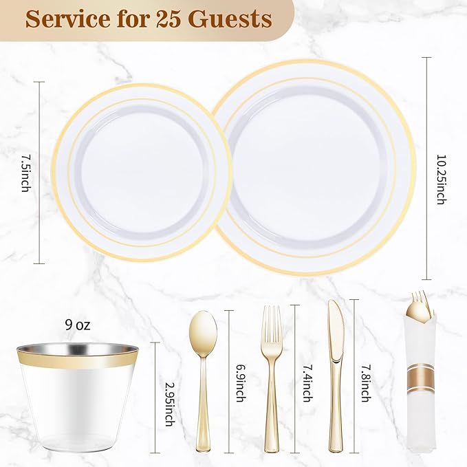 BESTVIP 175PCS Gold Plastic Dinnerware Set, Disposable Party Plates for 25 Gu...