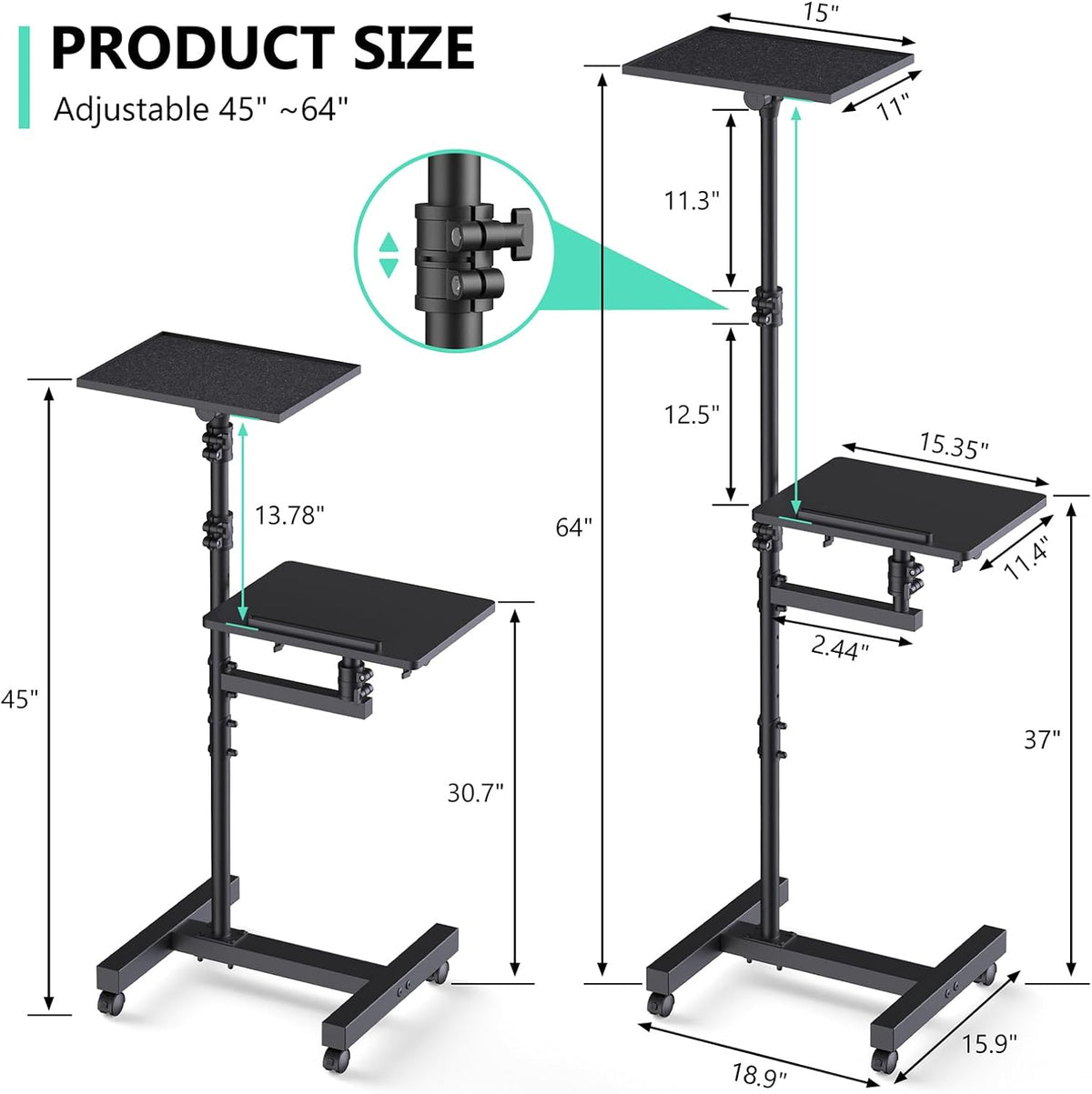Projector Stand on Wheels, Dual-Tray Tripod Cart 45-64", Holds 20 lbs