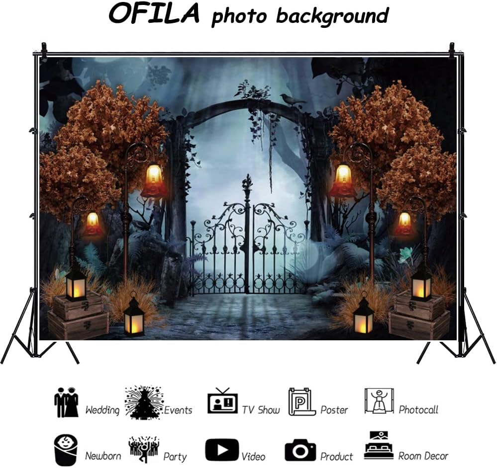 Halloween Backdrop 10x8ft Spooky Cemetery Gate Scary Photo Background