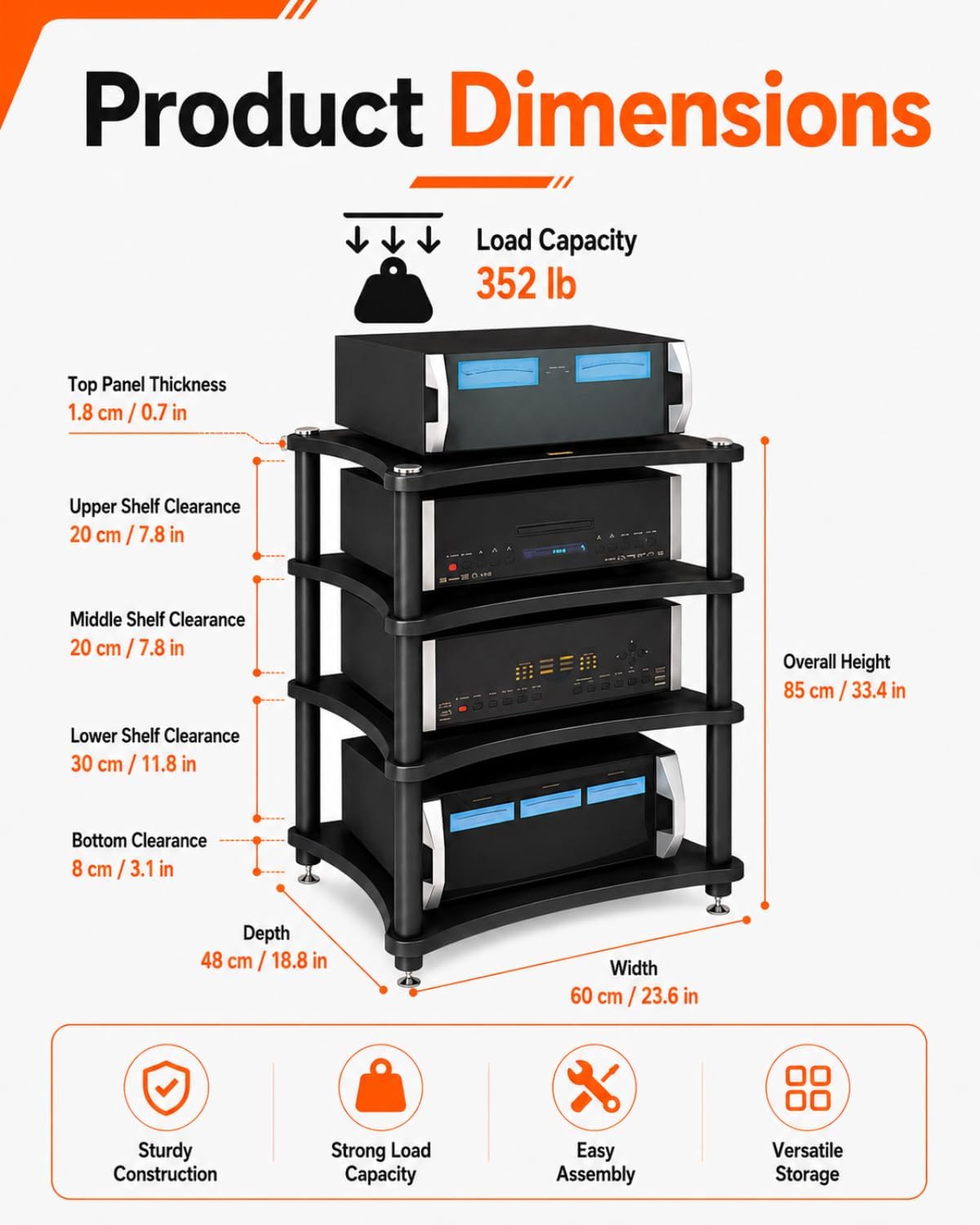 Heavy Duty 4-Tier AV Media Stand, 352 lb Load Capacity, Teak