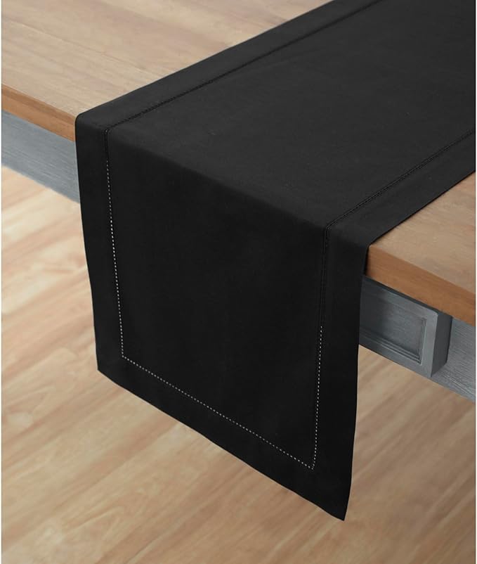 Solino Home Cotton Linen Black Table Runner 72 Inches Long - Hemstitch Table ...