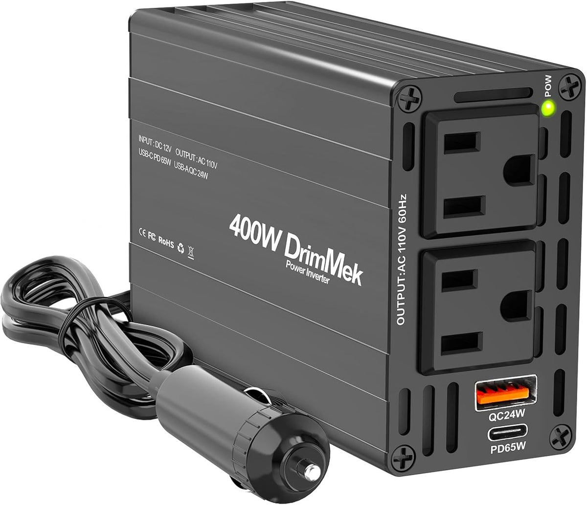 400W Car Power Inverter 12V to 110V AC๏ฝ24W+65W USB C, Laptop Charger