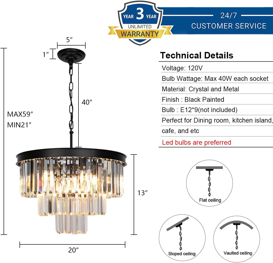 Weesalife Black Crystal Chandeliers for Dining Room๏ผ9-Lights D20 Inch
