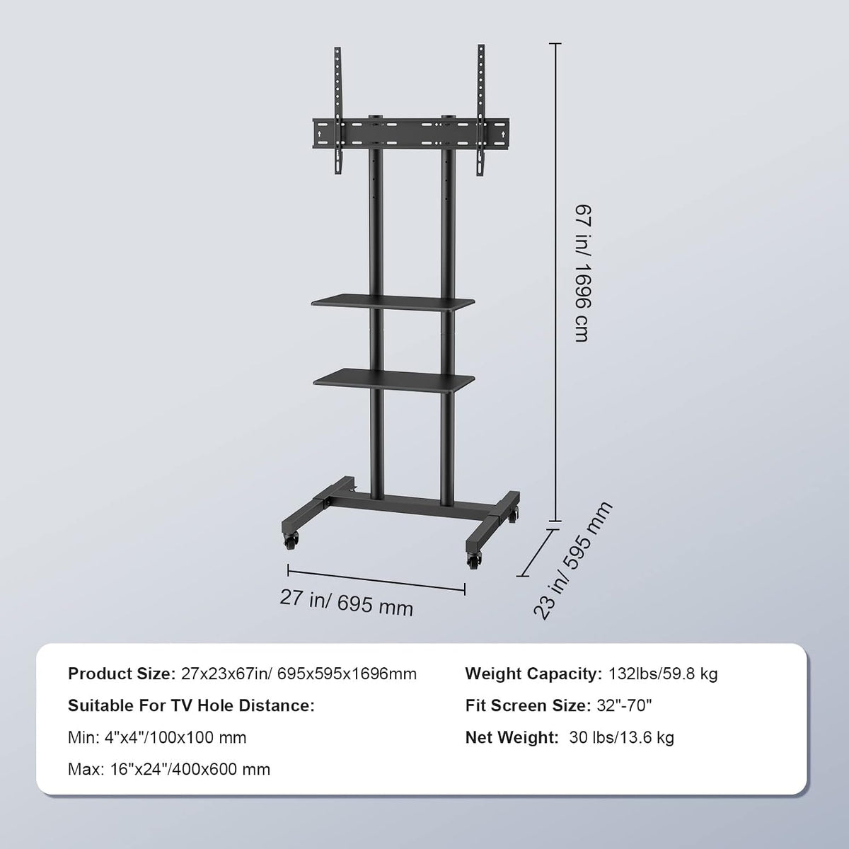 VEVOR Mobile TV Cart for 32 to 70 inch TVs, Height Adjustable Portable TV Sta...