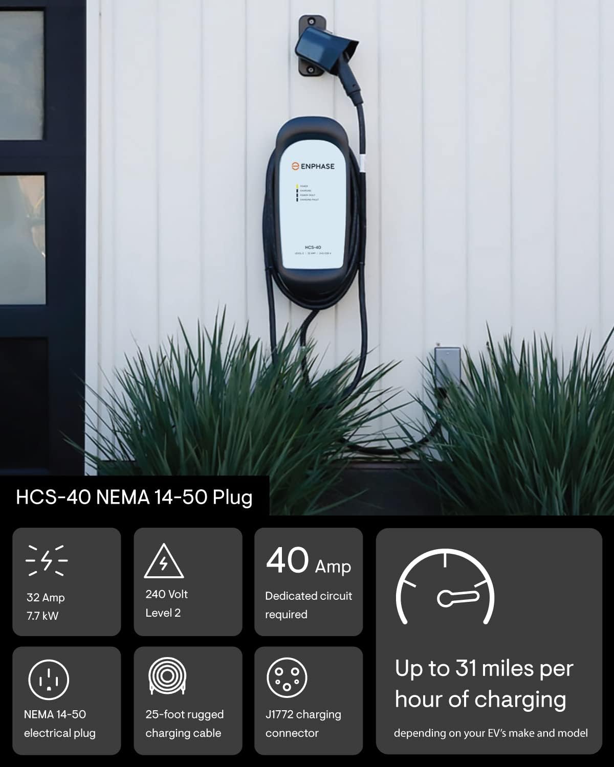 32 Amp Plug-in Level 2 EV Charger for Home, Enphase HCS-40 (Formerly ClipperC...