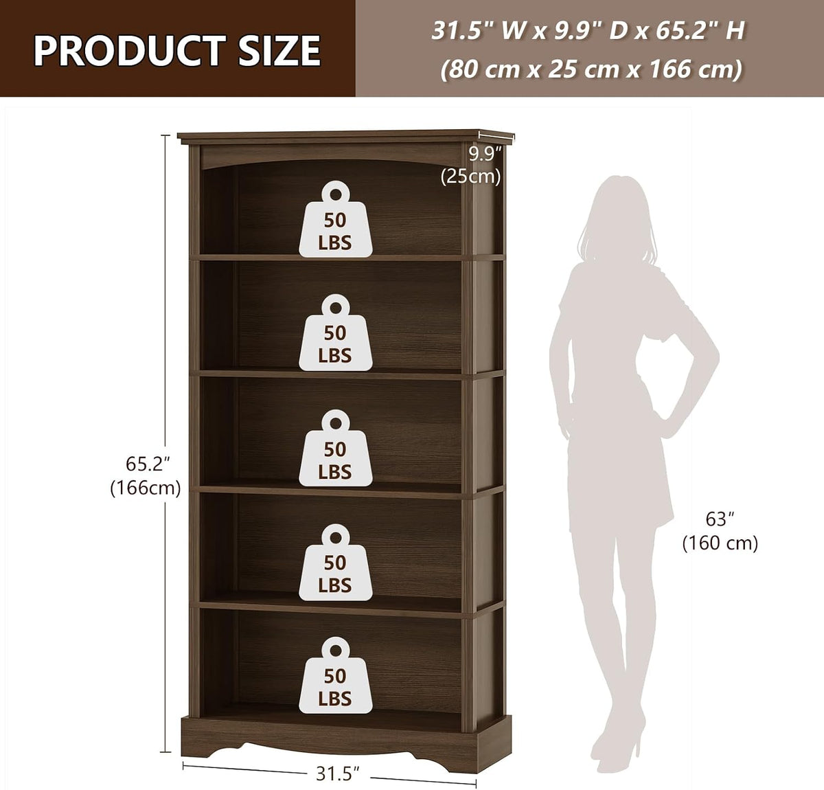 TVU 5-Tier Wooden Bookshelf, 31.5" W x 65" H ร9.9" D Bookshelf...