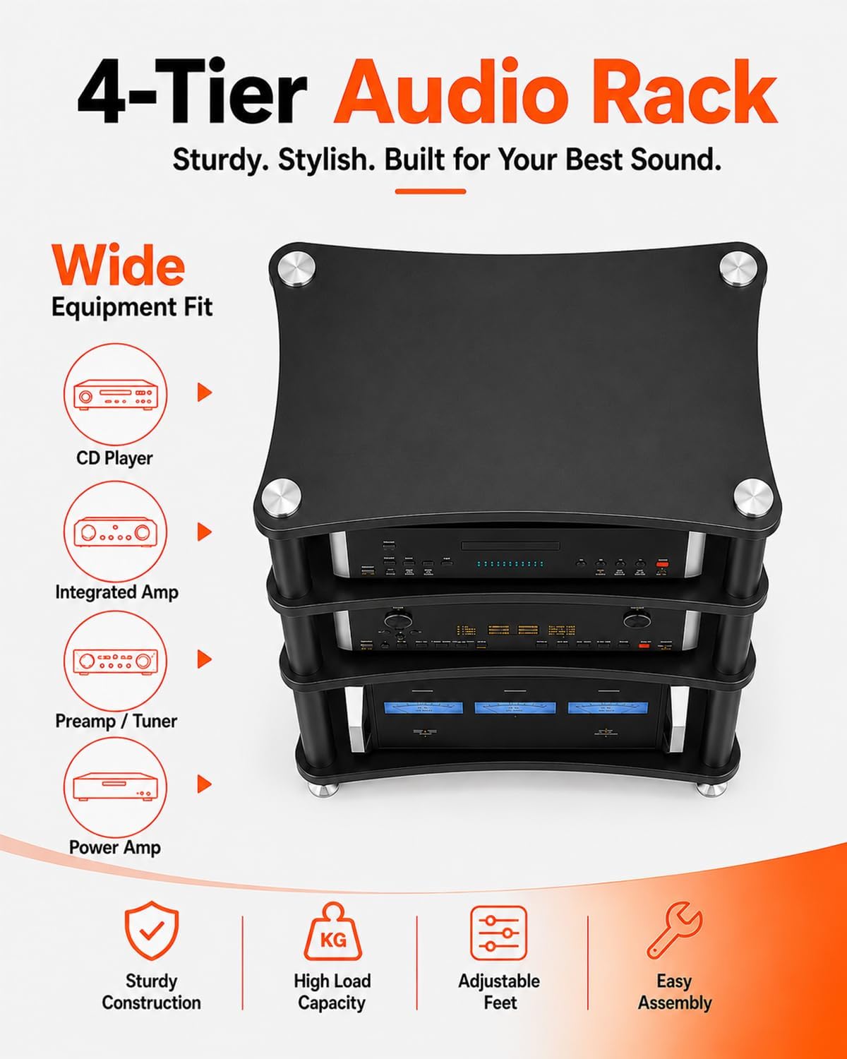 Heavy Duty 4-Tier AV Media Stand, 352 lb Load Capacity, Black