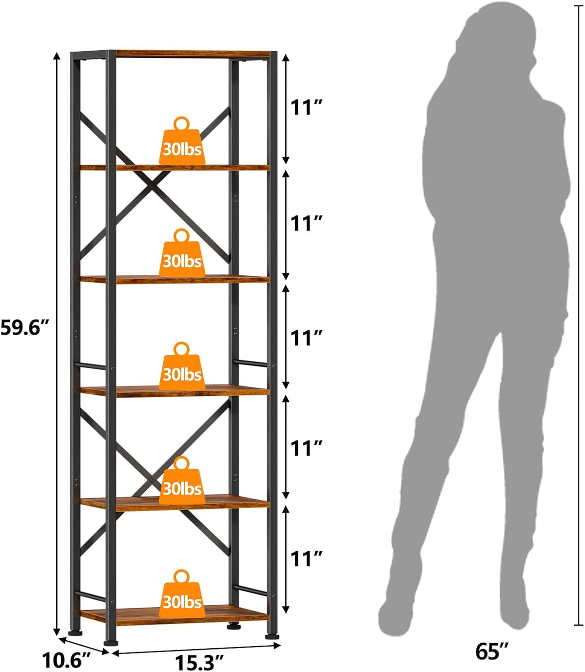 Furologee 6 Tier Bookshelf, Tall Narrow Bookcase, Rustic Brown