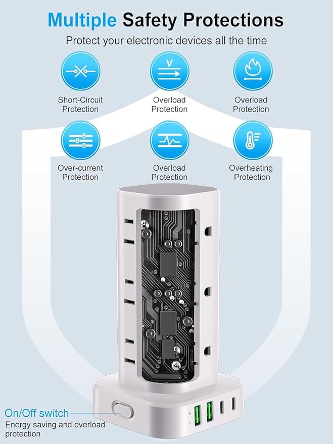 Power Strip Tower with Multiple Outlets, Flat Plug Surge Protector Tower - Image 7