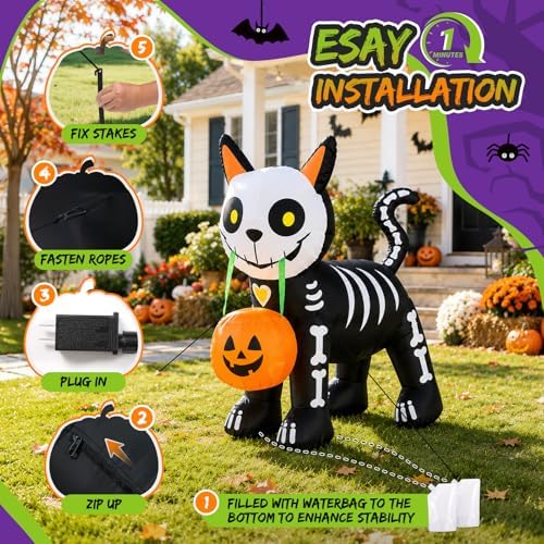 5FT Halloween Inflatables Cute Skeleton Cat Outdoor Decorations