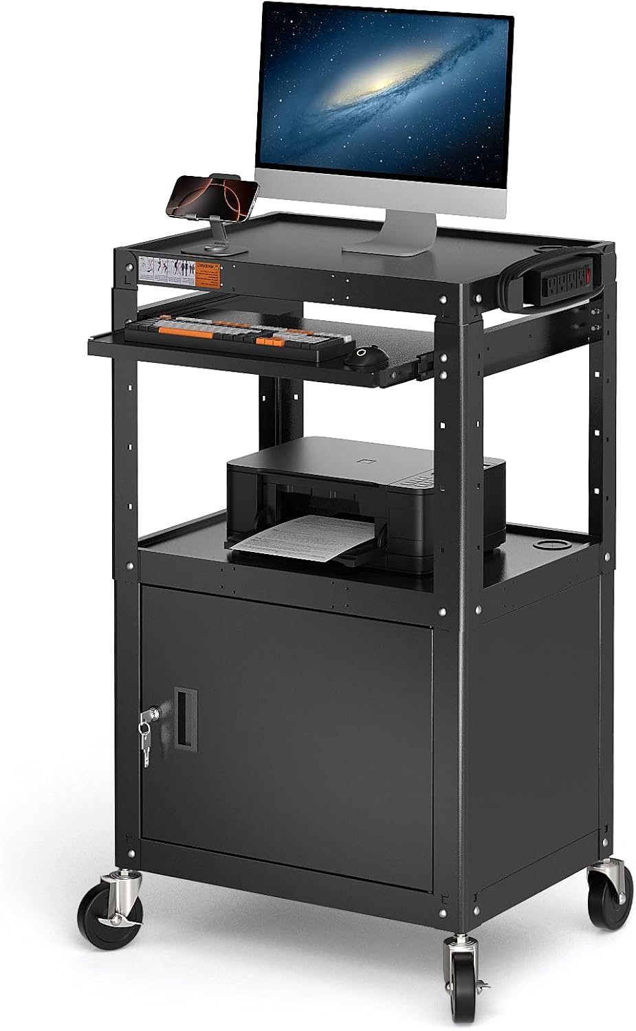POCHAR Steel Large AV Cart with Locking Cabinet - Adjustable Height Media Car...