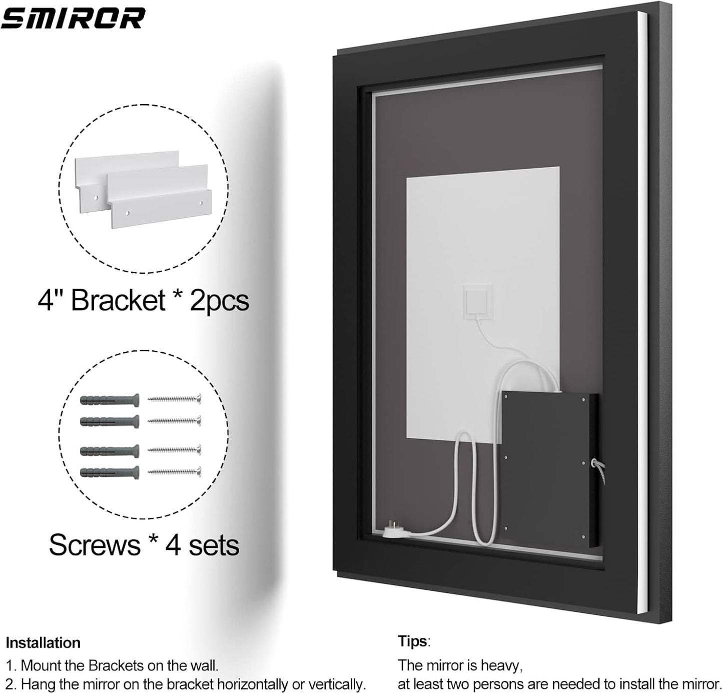 SMIROR 44x30 Black Framed LED Lighted Bathroom Vanity Mirror for Wall | Front Lit and Backlit, 3 Color Lighting, Anti-Fog, Memory, Tempered Glass, Rectangle, Horizontal/ Vertical Mounted