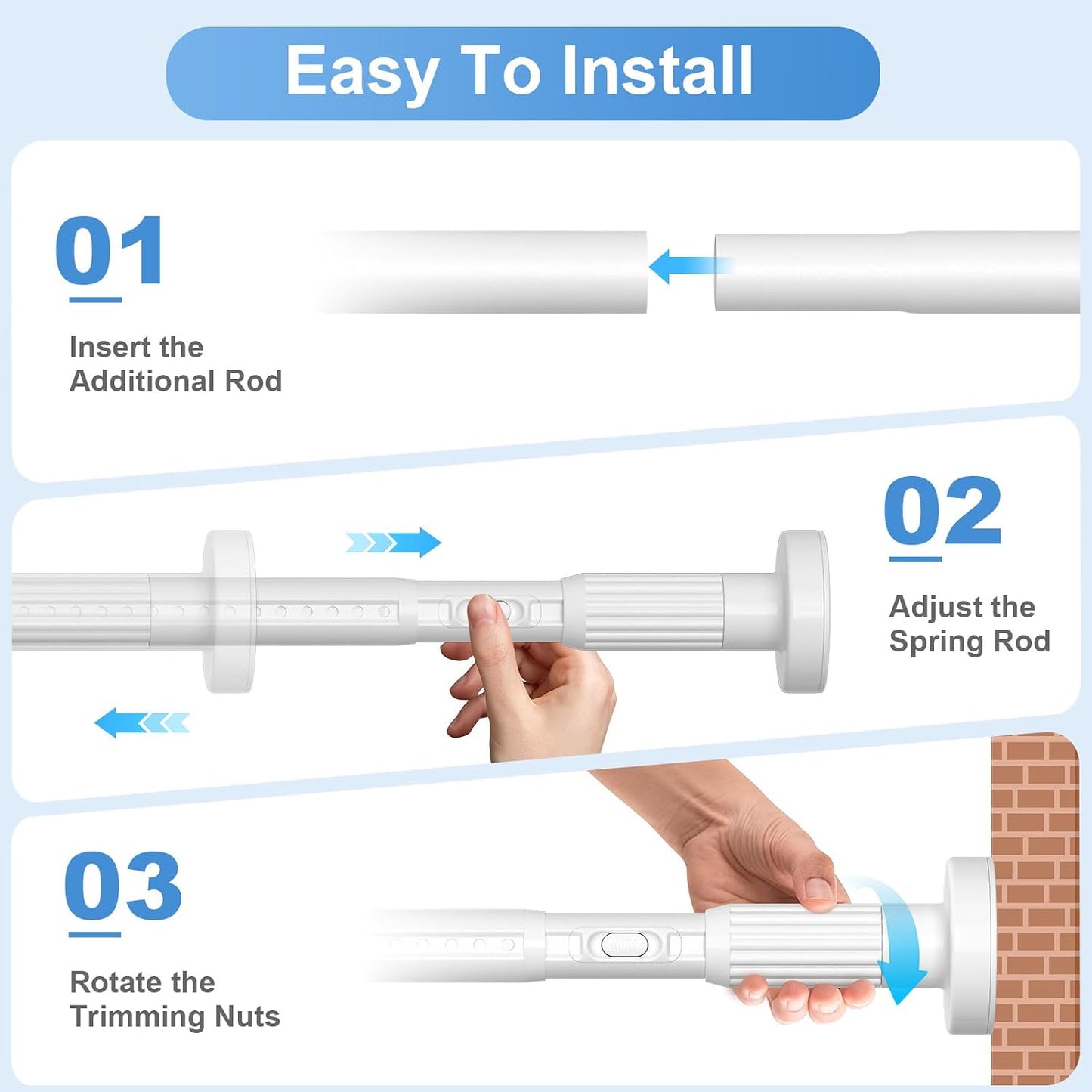 Long Tension Rod 39-144inch White Tension Curtain Rods no Drilling | 1.26" Diameter Outdoor Curtain Rod for Patio,Windows,Anywhere Heavy Duty Spring Rods Adjustable