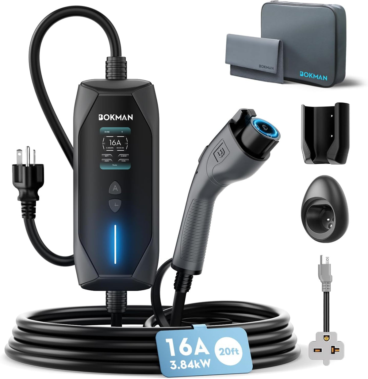 bokman Portable Level 1&2 EV Charger, 16A 20ft, NEMA 6-20P/5-15 Adapter