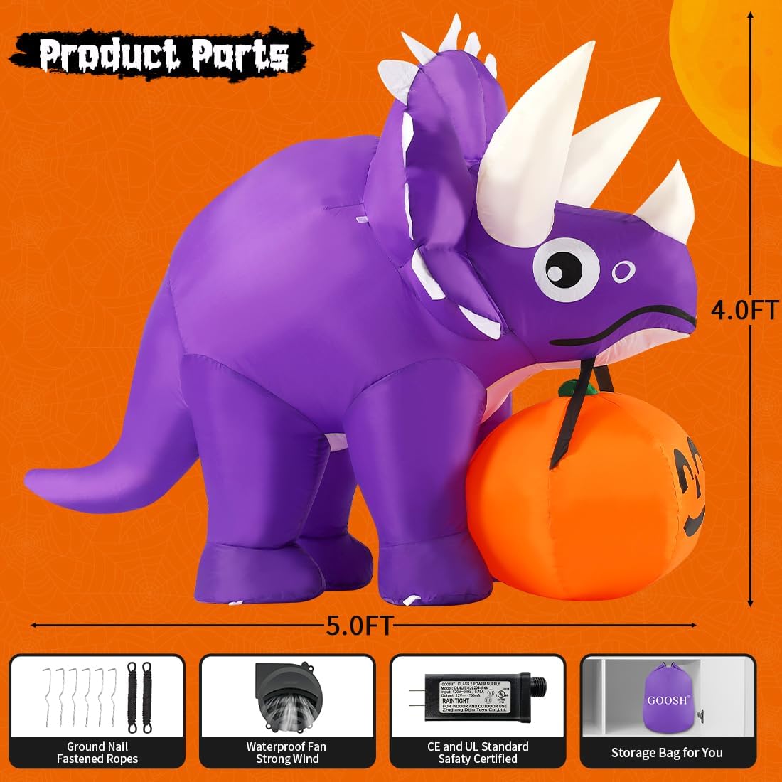 GOOSH 5 FT Width Halloween Inflatables Dinosaur Outdoor Decorations Blow Up Y...