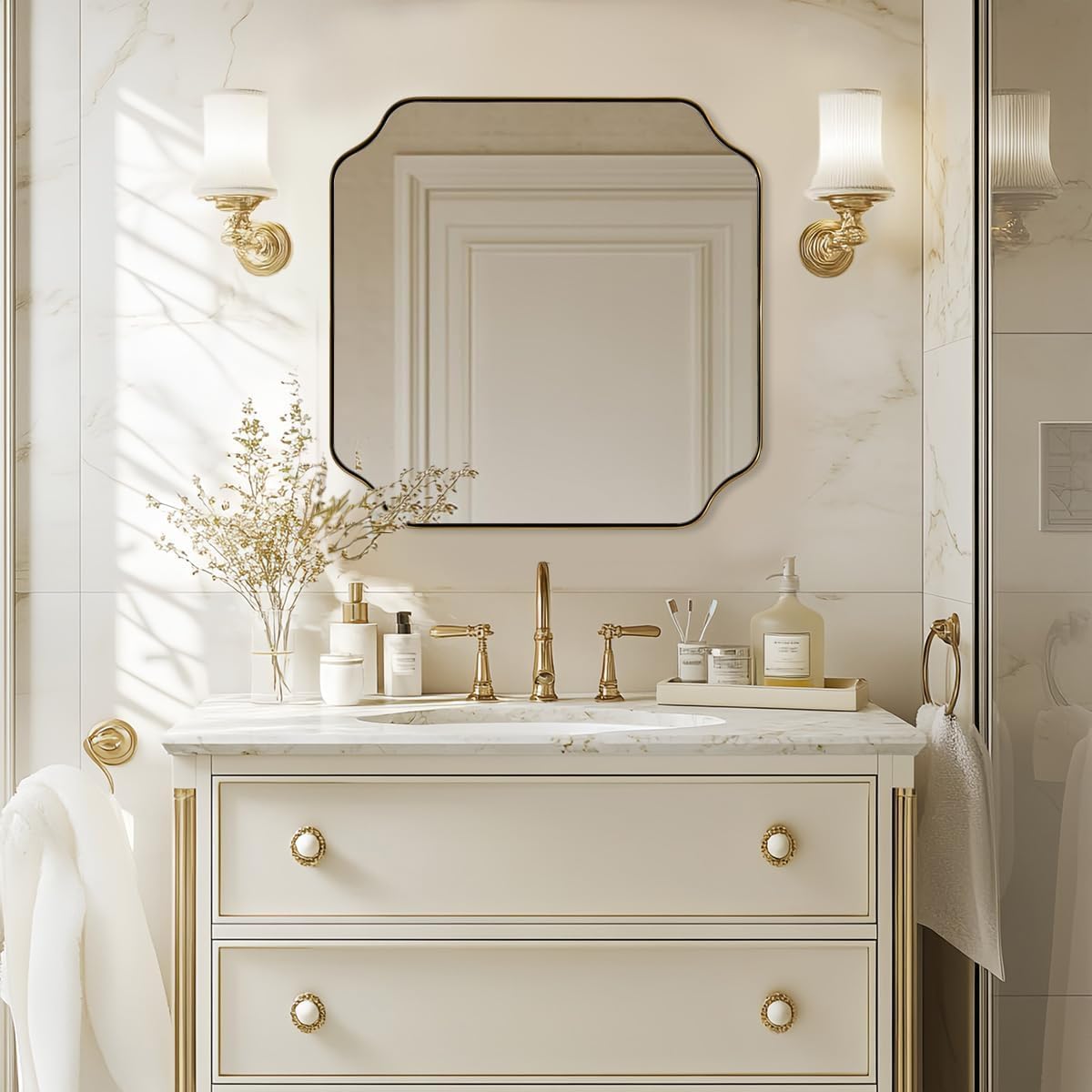 ANDY STAR Square Gold Vanity Mirrors, 24"x24" Brushed Brass Scallop...