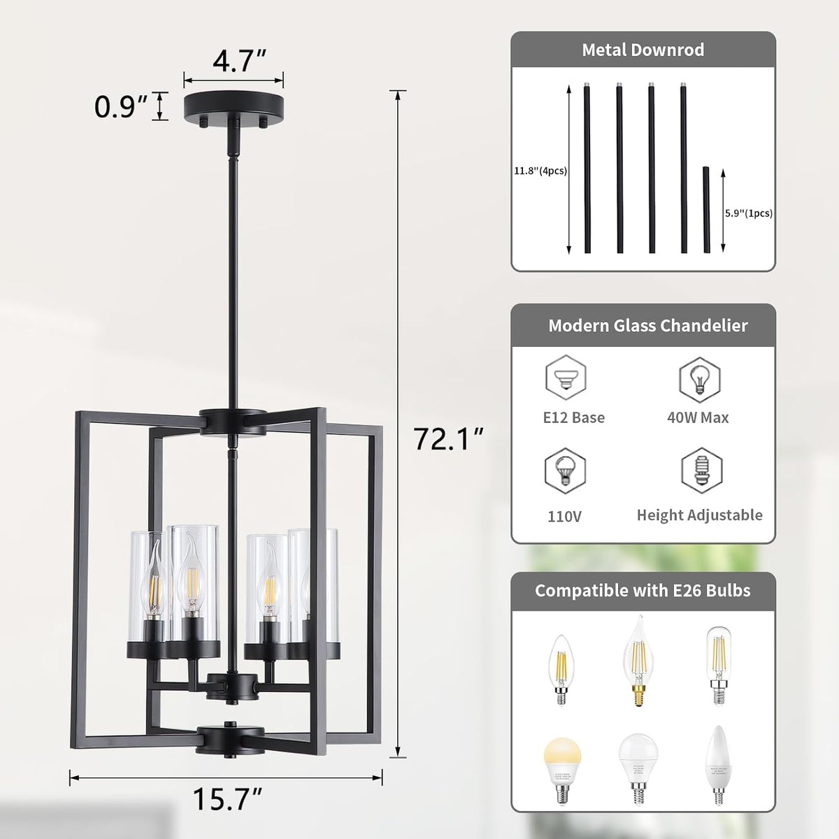 Black Chandeliers for Dining Room, 4-Light Entryway Chandelier for Foyer, 15....