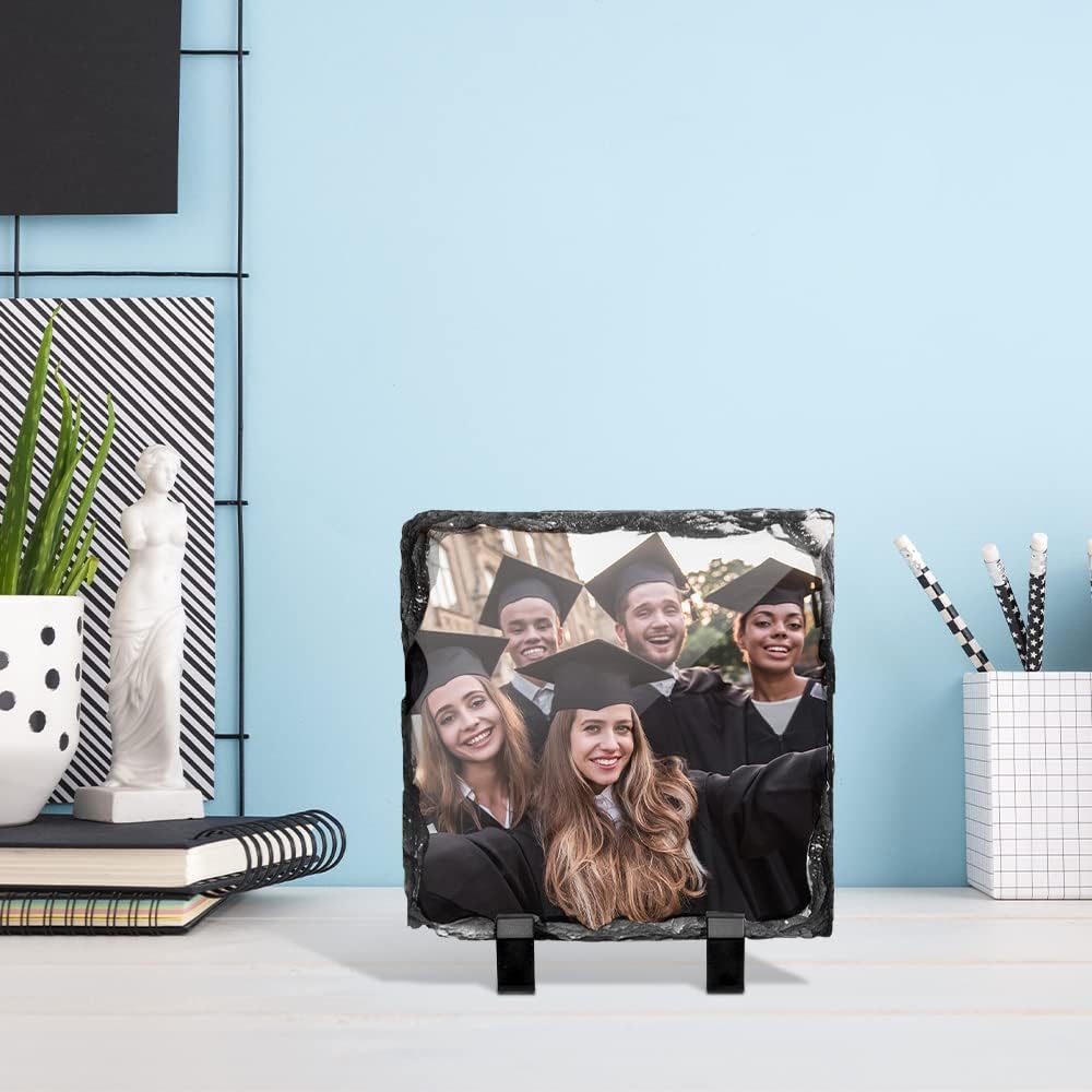 PYD Life 12 Pack Sublimation Blanks Photo Slates Frame Rock 5.5" x 5.5" | Bulk Square Picture Stone with Display Holder for Heat Transfer Print, Custom Gifts for Christmas Birthday Wedding