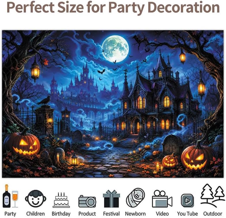 Halloween Scary Castle Backdrop 10x8ft Full Moon Haunted House Spooky Cemeter...