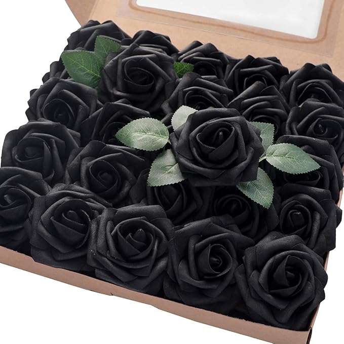 Floroom Artificial Flowers 50pcs Real Looking Black Foam Fake Roses with Stem...