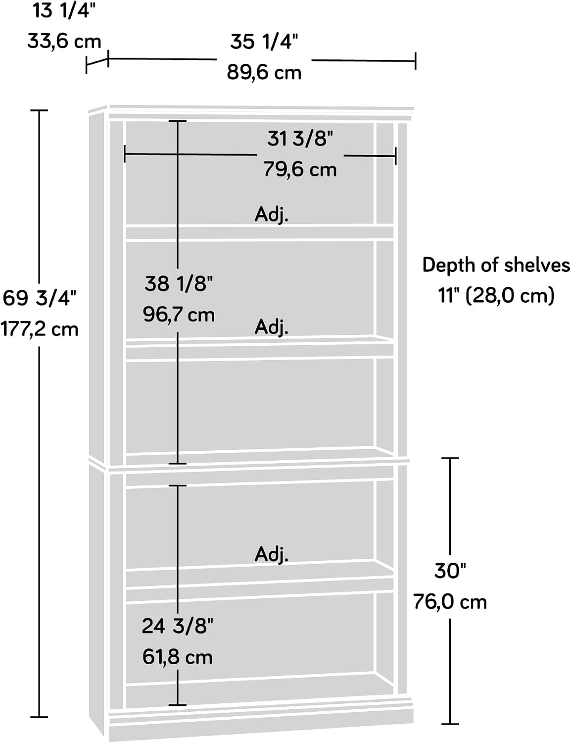 Sauder 5 Tier Book Shelf Wooden Bookcase Multipurpose Bookshelf for Home Offi...